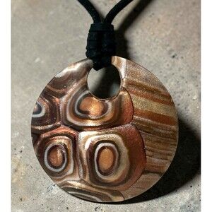 Artisan Metallic Copper & Bronze Polymer Clay Pendant Necklace on Black Cord SS